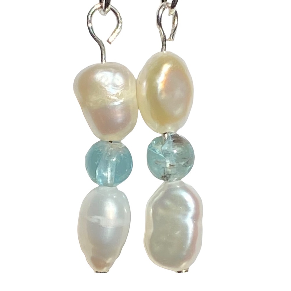 Hand Crafted Earrings White Pearls & Apatite .925 Silver Dangle Long Pierced - Picture 2 of 5
